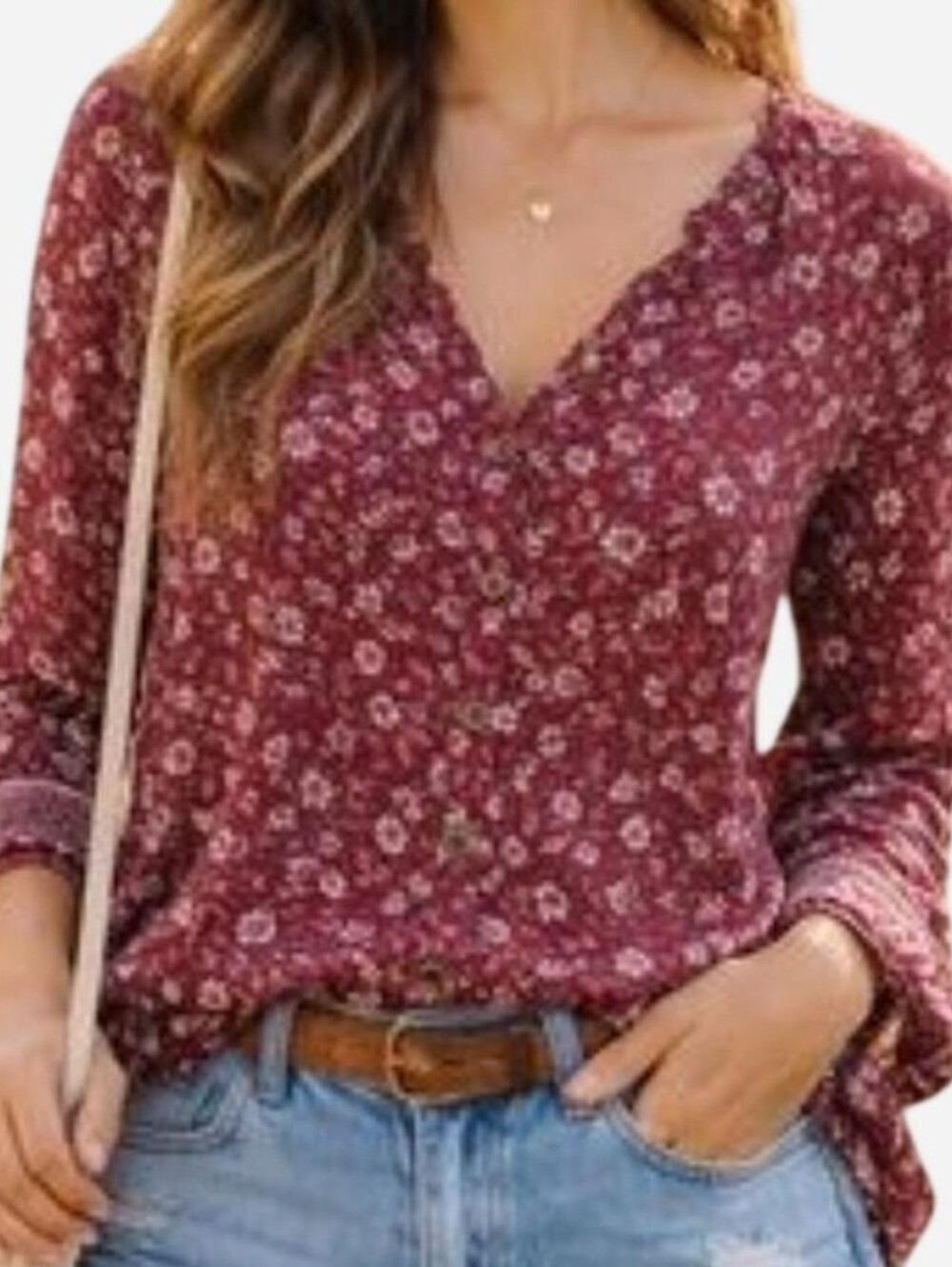 Mason Belle Burgundy Floral Button Front Shirt 3/4 Sleeve, Size M